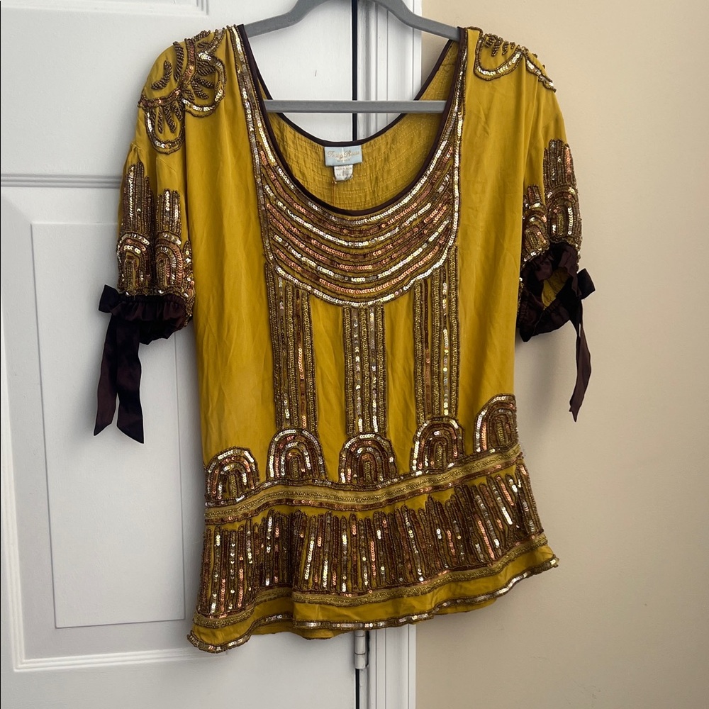 Vintage Tracy Reese Gold and Brown Embellished Blouse